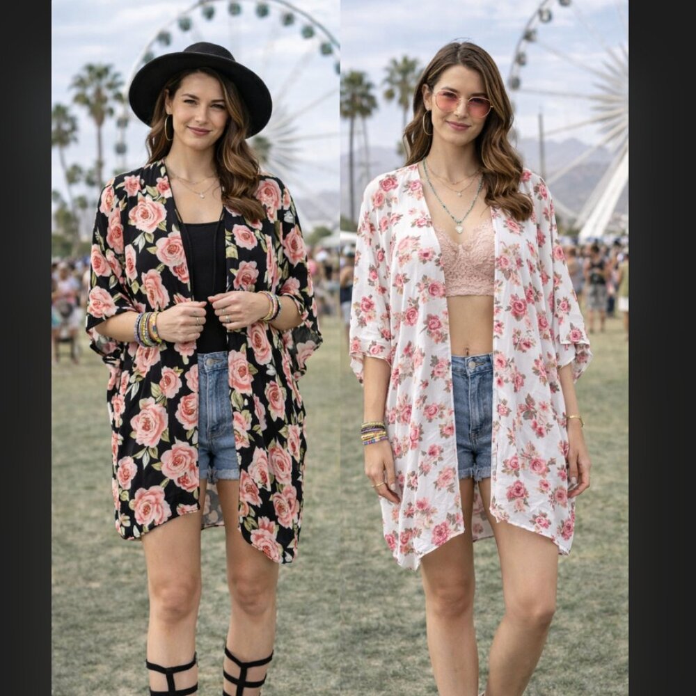 Forever21 Floral Kimono Beach Coverup Oversized Relaxed Fit Small Sheer Festival